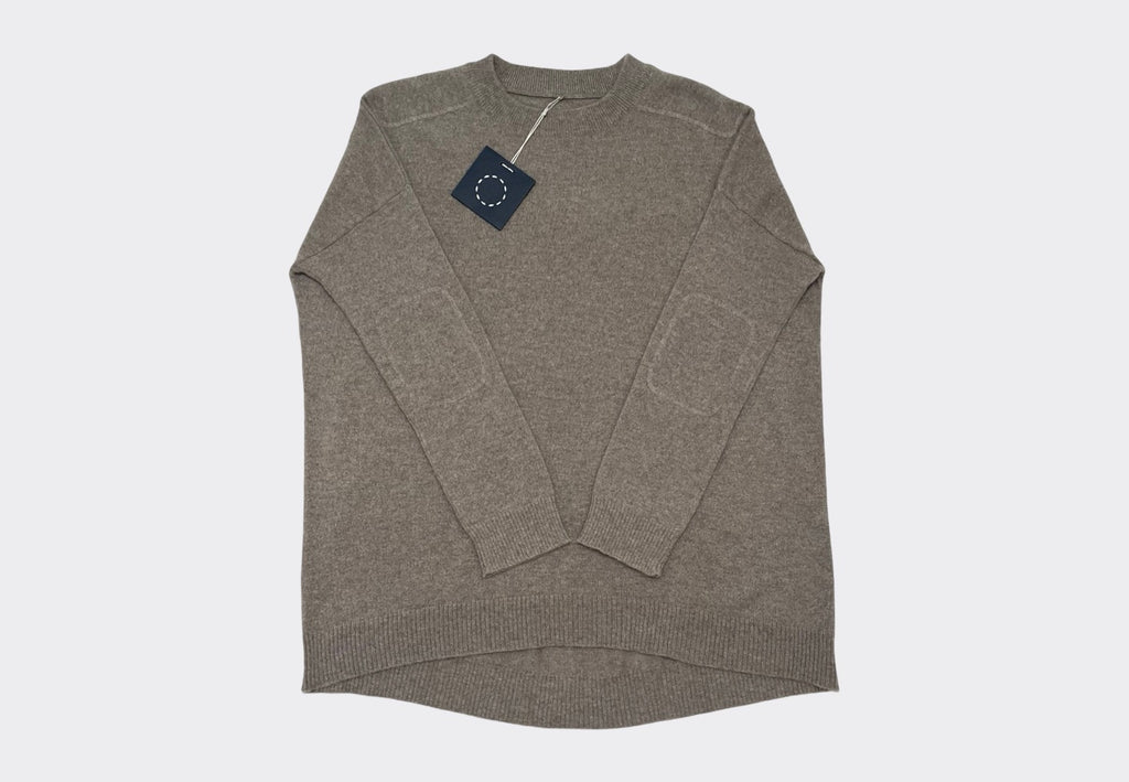 Front product image of Sphere One Box Set Cashmere Sweater in Desert Dune neutral colour with matching cashmere elbow and shoulder patches