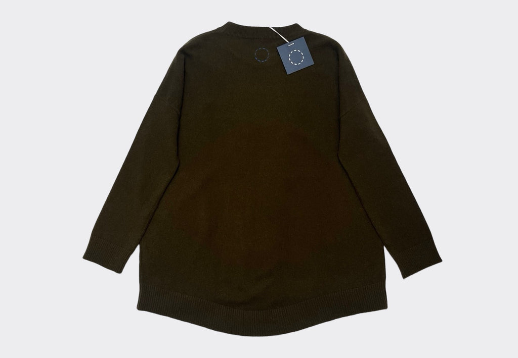 Back product image of Sphere One cashmere round neck sweater in colour Military green. The brand's navy swing tag with circle of stitches logo is attached and the logo is visible at the back neck of the sweater.