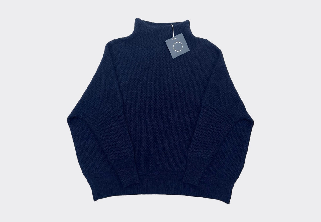 Front product shot 5ply Scottish cashmere honeycomb dark blue dropped shoulder Skellig sweater Irish knitwear label Sphere One 