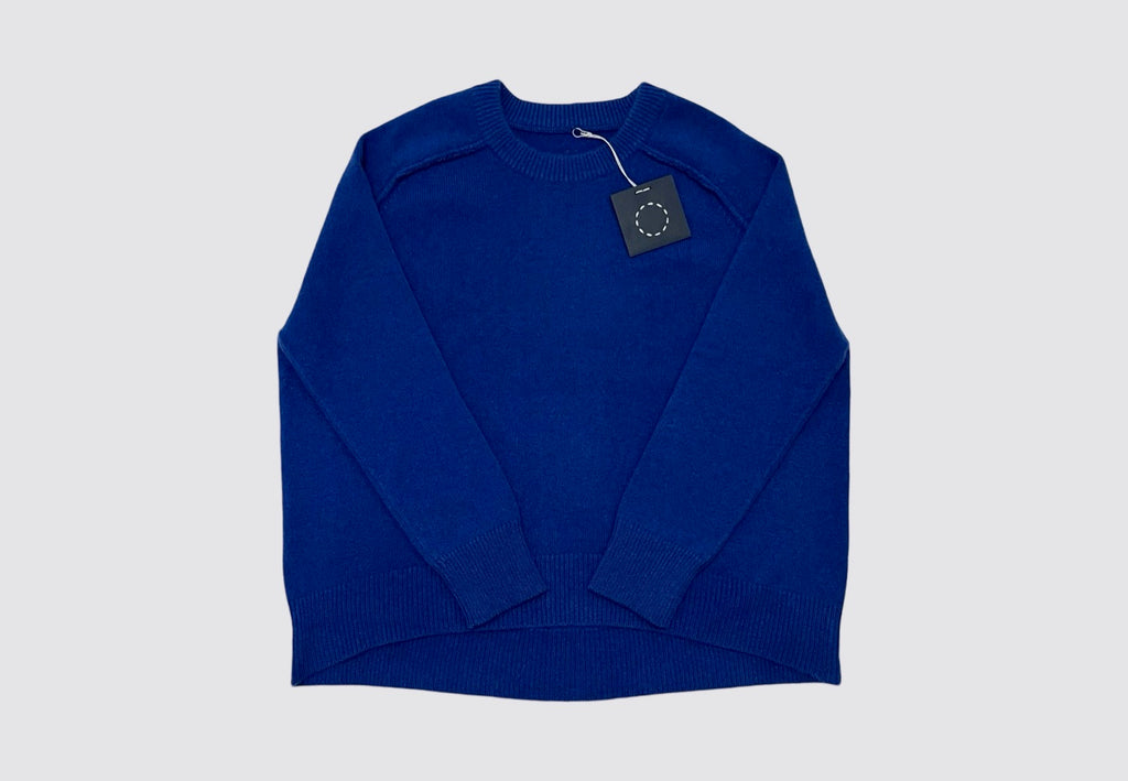 Front product shot blue cashmere oversized round neck sweater Irish knitwear label Sphere One